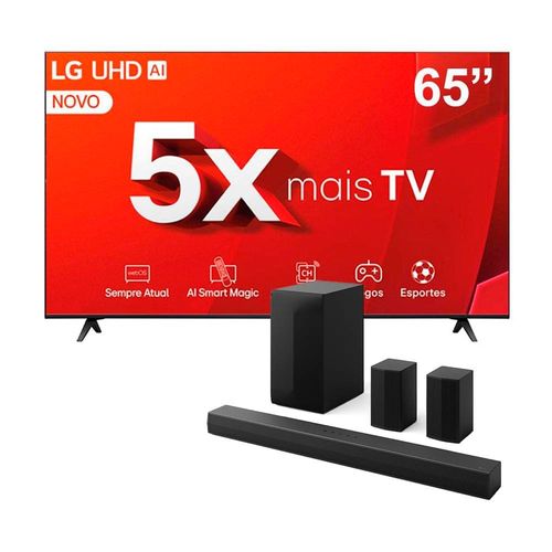 Smart TV 65" Ultra HD 4K LG 65UT8050PSA com A5 Ger7 AI, Alexa/Chromecast Integrado, Wi-Fi, Bluetooth e HDMI + Home Theater Soundbar LG S60TR - 440W RM