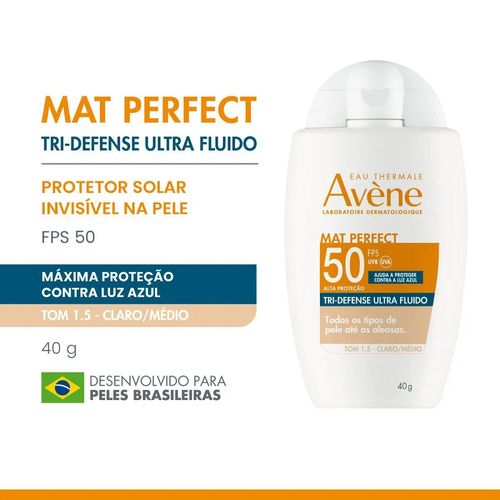 Protetor Solar Facial Avène Mat Perfect Tri-Defense Ultra Fluido Tom 1.5 Claro/Médio Fps50 40g