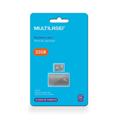 Adaptador 2x1 Multilaser 32GB Cartão Micro SD+Cartão SD Clasee 10+Pendrive