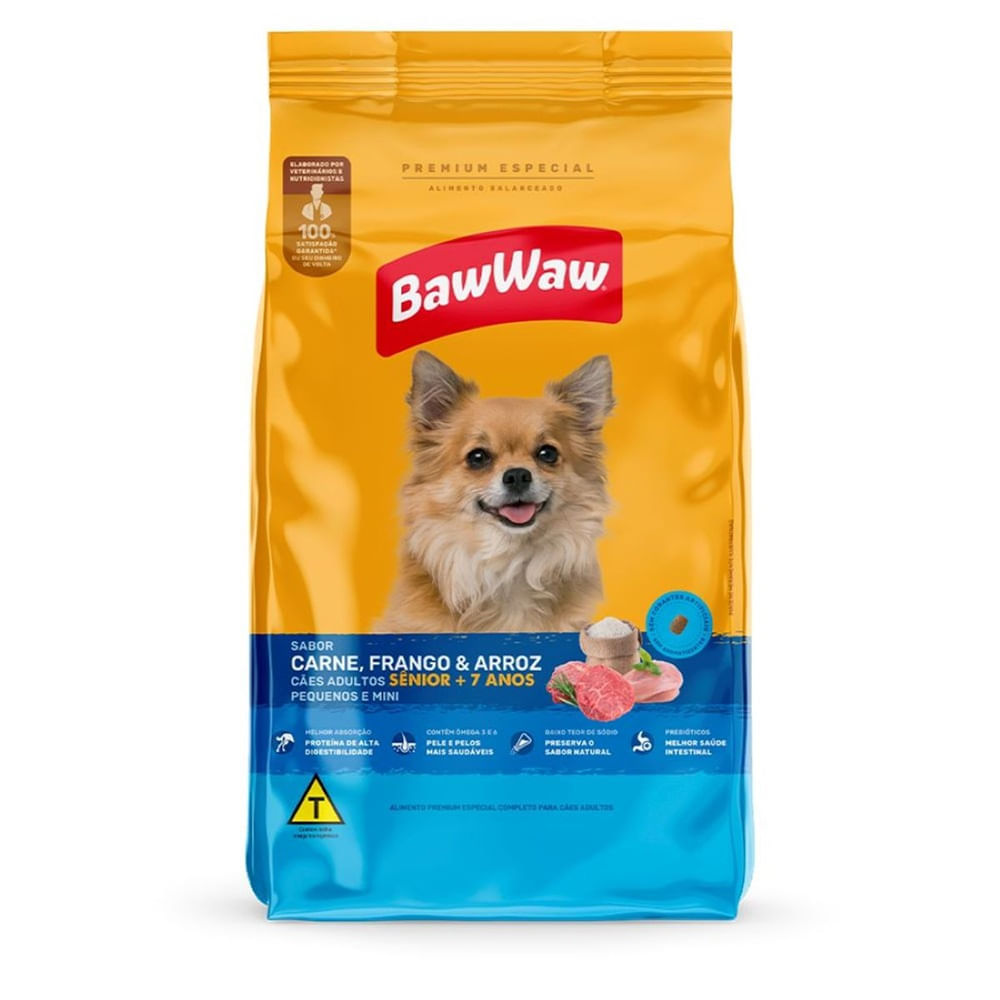 Ração para Cães Baw Waw Adultos Sênior +7 Anos Raças Pequenas e Minis Carne, Frango e Arroz 900g